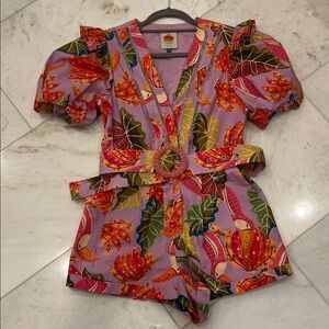 Farm Rio romper size small. Fun print, buttons down front with belt.